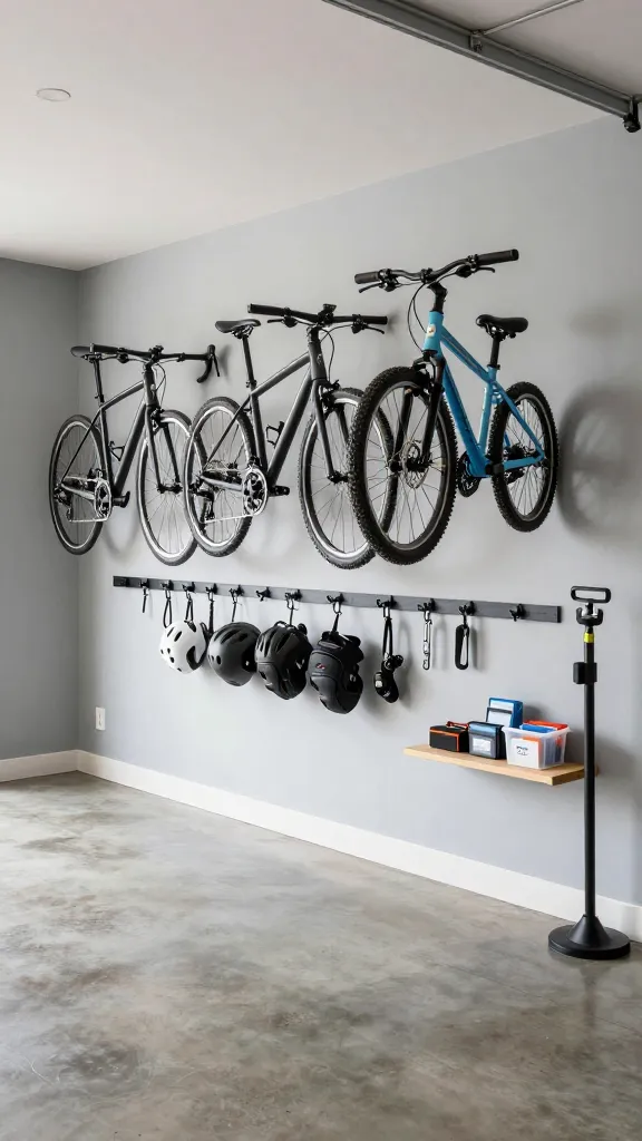 A high-resolution, well-lit, eye-level medium shot of a meticulously organized section of a modern garage, showcasing a dedicated "bike lane" on a light gray wall. Three different bicycles (a road bike, a mountain bike, and a child's bike) are neatly mounted vertically on sleek, space-saving wall racks, lifting them completely off the polished concrete floor. Below and between the bikes, a series of matte black hooks hold various helmets, knee pads, and bike locks. To the right, a small, floating wooden shelf neatly displays a bike pump and a clear bin containing patch kits and a small tool pouch. The area below the bikes is completely clear, emphasizing the maximized floor space. The overall aesthetic is clean, functional, and DIY-inspired, with excellent focus and natural lighting highlighting the organized details.