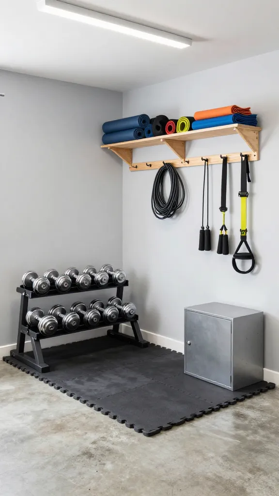 A realistic, high-quality, eye-level wide shot capturing a meticulously organized home gym corner within a clean, well-maintained garage. The dedicated workout area is defined by dark gray interlocking foam mats on the concrete floor. A compact, black metal dumbbell rack stands neatly on the mat, holding a full set of chrome dumbbells. Above the mat, a sturdy, wall-mounted light wood shelf displays neatly rolled yoga mats and folded resistance bands. Adjacent to the shelf, a row of robust hooks holds coiled jump ropes and TRX straps. To the immediate side of the foam mat, a small, minimalist metal storage cabinet with a closed door provides discreet storage. The garage walls are painted a clean, light gray, illuminated by bright, even overhead LED lighting. The scene emphasizes practical DIY organization, maximizing space for fitness without sacrificing a clean, stylish aesthetic. No text on image.