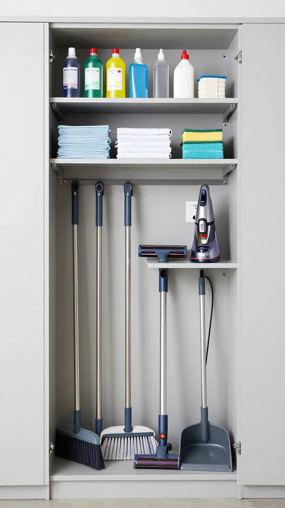 A high-quality, realistic photograph capturing a meticulously organized utility and cleaning closet within a modern garage setting. The focus is on a tall, narrow, custom-built cabinet or recessed niche, seamlessly integrated into the garage wall. Inside, brooms, mops, and a dustpan are neatly secured vertically by sturdy, wall-mounted tool grippers. Above, adjustable shelves are perfectly arranged, displaying an assortment of cleaning solutions in uniform bottles, neatly folded microfiber rags, and sponges. A compact, handheld vacuum cleaner is prominently placed on a designated shelf, plugged into a discreet charging outlet, ready for use. The overall aesthetic is clean, functional, and efficient, emphasizing clever space maximization in a garage environment. Bright, clear lighting highlights the practical organization and durable, utilitarian materials. No text on images.