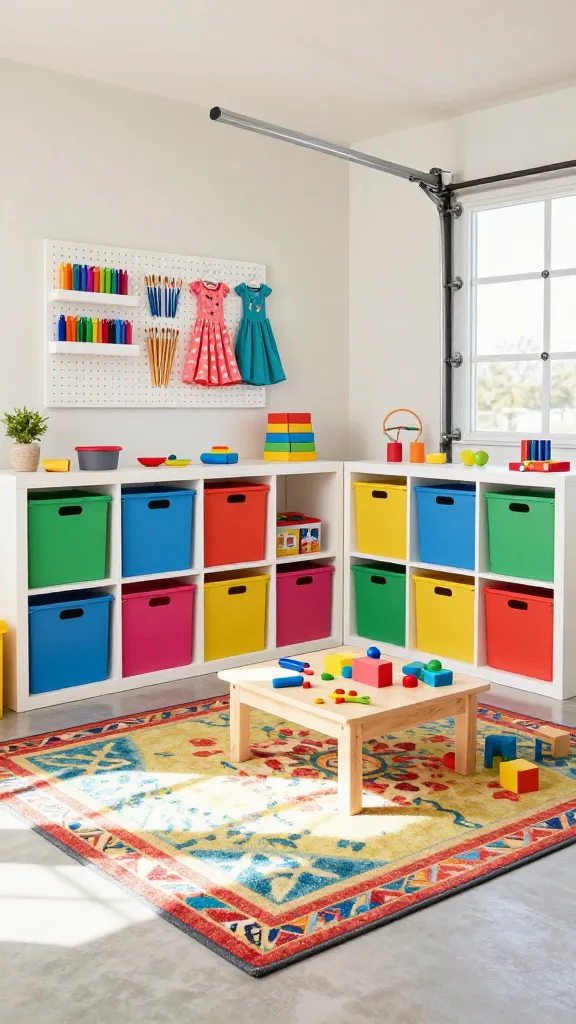 A brightly lit, organized kids' play and storage zone set within a clean residential garage. The scene features low, white shelving units against a light-colored wall, neatly filled with an assortment of colorful, labeled toy bins in primary colors. Above the shelves, a small, functional pegboard displays neatly hung art supplies like crayons and small paintbrushes, alongside a couple of fun dress-up items. A durable, washable patterned rug with vibrant colors defines the central play area, upon which sits a small, kid-sized wooden workbench with a few child-safe tools and a simple block construction. Abundant natural light streams into the space, highlighting the playful yet highly organized environment. High-resolution, realistic photo, no text.
