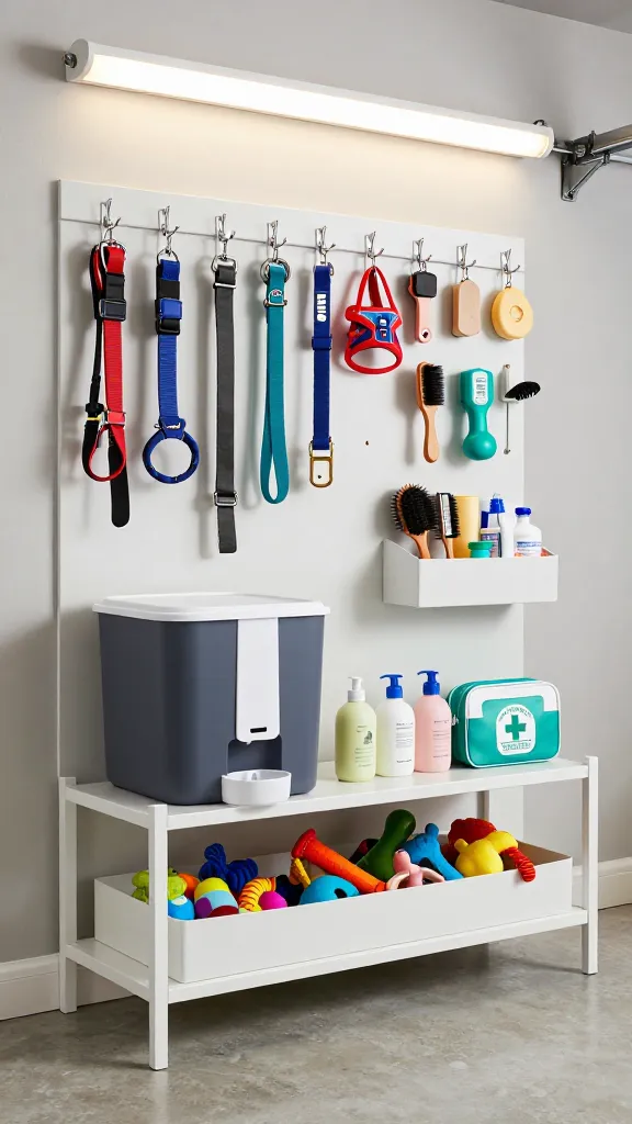 High-resolution, realistic photograph of a meticulously organized pet care station within a clean, modern garage. The focal point is a large, sturdy, airtight pet food container with a built-in dispenser, positioned on a low, practical utility shelf. Above it, a neat row of uniform hooks displays an assortment of leashes, collars, and harnesses, all neatly hung. Adjacent to the food container, a compact, wall-mounted shelf holds various pet grooming brushes, small bottles of pet shampoo, and a clearly labeled pet first-aid kit. Below, a stylish yet practical open bin is filled with an assortment of pet toys. The background shows a clean, light-colored garage wall, possibly with subtle pegboard or slatwall, illuminated by bright, practical overhead LED lighting. The concrete floor is spotless. The overall impression is one of efficient space utilization, easy accessibility, and dedicated pet organization. No text.