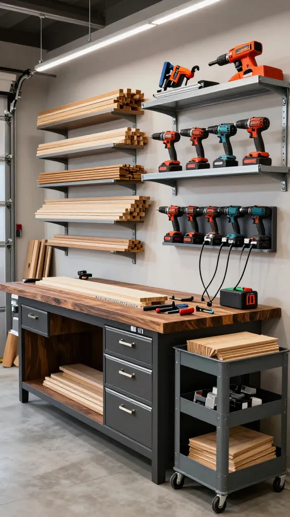 A high-resolution, realistic photograph capturing a meticulously organized, heavy-duty DIY workshop within a modern garage. The focal point is a substantial, dark-stained wooden workbench with a thick, durable top, featuring integrated industrial-style metal drawers with brushed steel pulls. On the workbench, precision hand tools are neatly arranged on magnetic strips, alongside a half-finished woodworking project. To the right, a dedicated power tool charging station is mounted on the wall, showcasing multiple cordless drills, impact drivers, and batteries plugged into a sleek multi-outlet power strip. Above the workbench, sturdy vertical racks display an organized assortment of lumber, from pine 2x4s to oak planks. Adjacent, deep, heavy-gauge steel shelves hold larger power tools like miter saws, table saws, and planers, all neatly stored. A compact, industrial-style rolling cart, filled with neatly stacked scrap wood and project-specific components, is positioned strategically for easy access. The garage space is brightly illuminated by overhead LED strip lights, creating a clean, efficient, and serious builder's atmosphere. The overall aesthetic is tough, smart, and highly functional, ready for serious projects. No text.