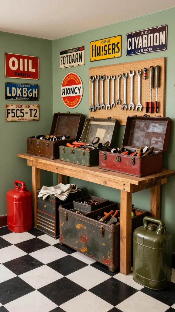 A high-quality, realistic photo capturing a meticulously organized vintage garage, embodying classic Americana and timeless craftsmanship. The floor boasts a pristine black and white checkerboard pattern, while the walls are painted a muted sage green. A heavy-duty wooden workbench serves as the central hub, laden with authentic, distressed metal vintage toolboxes and chests, each filled with neatly arranged hand tools. Old-school red and olive green metal gas cans are artfully repurposed as storage, holding shop rags and various small parts. Vibrant vintage metal signage, featuring primary colors from classic oil and automotive brands, adorns the walls, alongside a collection of antique license plates. A section of a pegboard displays an orderly array of antique-style wrenches and screwdrivers, emphasizing functional organization. The space exudes a strong sense of nostalgic character and practical utility, bathed in warm, inviting light. No text.