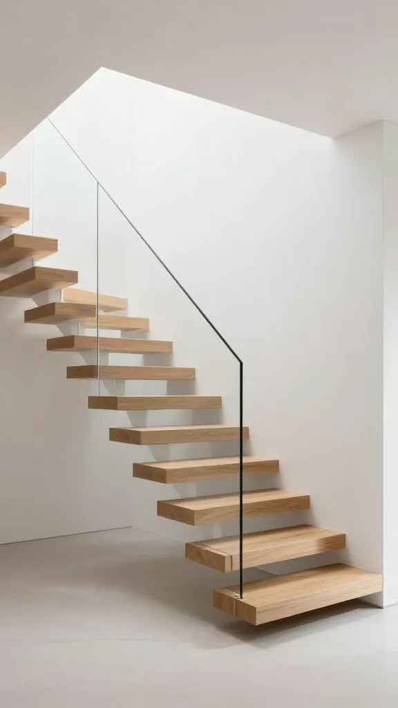 A high-quality, realistic photograph of a modern minimalist entryway showcasing a breathtaking floating staircase. Light natural oak wood treads appear to effortlessly extend from a pristine crisp white wall, creating an illusion of lightness and spaciousness. The staircase features a sleek, frameless glass panel railing that offers support while maintaining an uncluttered, airy aesthetic. The surrounding space is bathed in bright natural light, emphasizing clean lines and neutral tones, conveying an expansive and utterly chic atmosphere. No text.