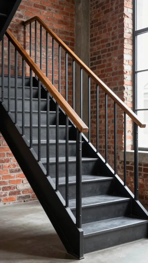 A high-resolution, professional architectural photograph showcasing a prominent industrial-chic staircase in a modern loft. The staircase features a bold black steel railing with a clean, simple geometric pattern of vertical square bars, subtly accented by exposed rivets. A substantial, warm-toned reclaimed wood handrail elegantly tops the steel structure. The stair treads are smooth, dark gray stained concrete, providing a sleek, contrasting surface. The surrounding space includes an exposed rustic red brick wall, with a hint of a large industrial-style window casting natural light onto the textures. The overall aesthetic is rugged yet refined, capturing an edgy loft vibe. Realistic, no text.