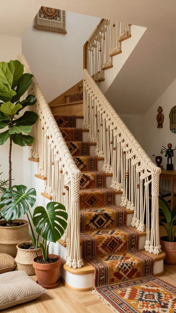 A high-quality, realistic photo capturing a vibrant boho eclectic staircase. The focal point is a custom-made, intricate macrame railing, crafted from natural cream-colored cotton rope with elaborate knotting and subtle wooden bead details, serving as the primary balustrade. The stairs feature light natural wood treads, adorned with a vintage Kilim rug runner showcasing geometric patterns in warm earthy tones of terracotta, mustard, and cream. Lush potted plants, including a tall Fiddle Leaf Fig and a sprawling Monstera, in woven baskets and terracotta pots, frame the base of the staircase. Nearby, textured floor cushions in muted natural fabrics are arranged invitingly on the light wood floor. A collection of global travel-inspired decor, such as carved wooden figures and a woven wall hanging, is visible on an adjacent wall or small console. Soft, warm natural light illuminates the scene, enhancing the textures and creating an inviting, free-spirited atmosphere. No text.