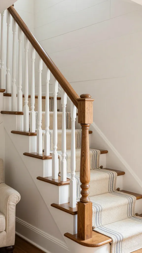 A high-resolution, realistic interior photograph capturing a classic farmhouse staircase. The prominent railing features crisp white painted turned balusters supporting a rich, dark oak handrail. The stair treads are stained natural wood, partially covered by a soft, cream and light grey striped runner. White shiplap walls frame the staircase, and a corner of a comfortable, light-colored upholstered armchair is visible at the base, suggesting a cozy living space. Warm, inviting natural light streams in, highlighting the charming and rustic elegance of the scene.