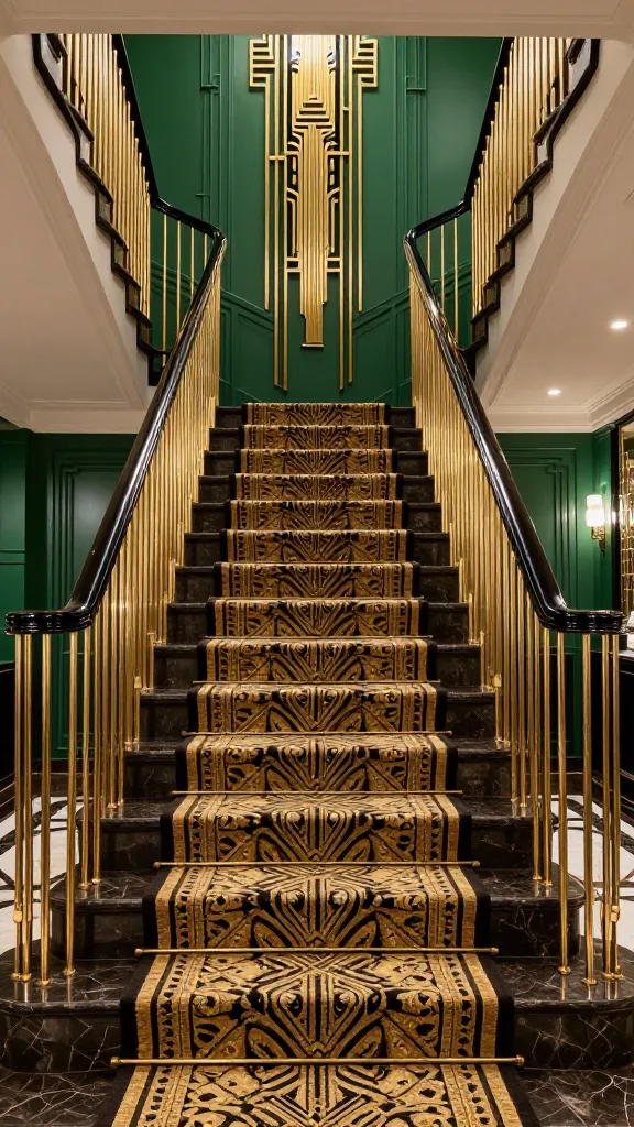 A high-quality, realistic photo of a luxurious Art Deco grand staircase in a residential interior. The prominent staircase railing features highly polished brass balusters intricately arranged in striking geometric patterns characteristic of the Art Deco era, creating a symmetrical and opulent visual. A dark, lacquered ebony wood handrail crowns the brass balusters. The wide staircase treads are crafted from polished dark marble, adorned with a plush, patterned Art Deco carpet runner in rich tones of gold, black, and deep cream. The surrounding walls are a deep emerald green with subtle geometric Art Deco detailing, and a soft, opulent glow emanates from elegant, period-appropriate lighting. The overall scene is symmetrical, grand, and exudes a sense of opulent luxury and sparkle, capturing the essence of the roaring twenties.