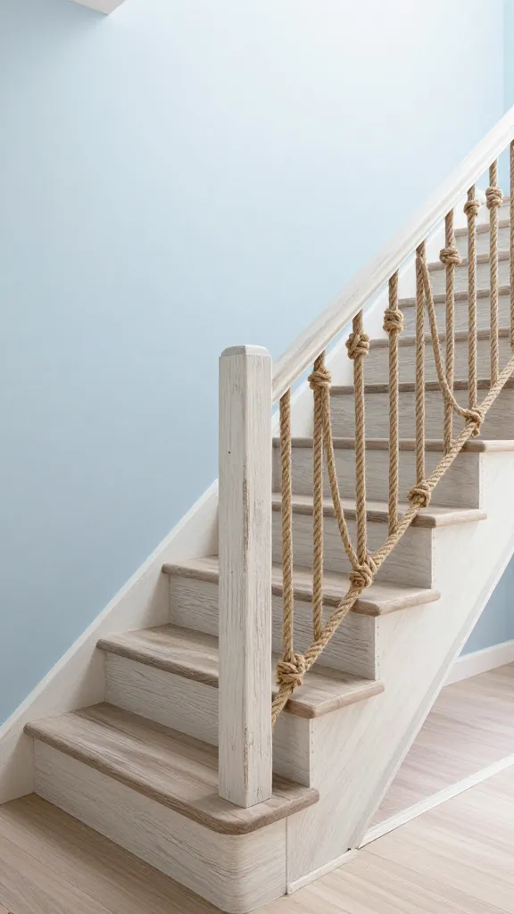 A high-resolution, professional architectural photograph showcasing a coastal-inspired staircase. The distinctive railing features thick, natural jute nautical rope intricately woven through robust, distressed whitewashed wood posts, topped with a smooth whitewashed wood handrail. The stair treads are made of light, weathered oak, left bare with a soft matte finish. The surrounding space is bathed in abundant, diffused natural light, illuminating a serene pale blue wall adjacent to the staircase. The overall aesthetic is breezy, tranquil, and elegantly relaxed, with a focus on natural textures.