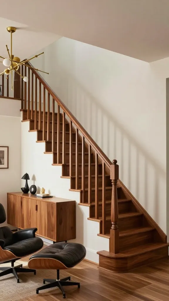 A high-quality, realistic photo capturing a meticulously designed Mid-Century Modern entryway, bathed in warm natural light. The centerpiece is a staircase featuring a rich, polished walnut wood railing with sleek, closely spaced vertical walnut spindles, extending cleanly from floor to ceiling. The stair treads are also crafted from matching walnut wood, creating a seamless, cohesive flow. Below the staircase, a classic, low-slung walnut credenza with minimalist lines anchors the space, adorned with a few iconic MCM decorative objects. Overhead, a striking Sputnik chandelier with brass accents illuminates the area. In an inviting corner, an iconic Eames Lounge Chair and Ottoman, upholstered in dark leather, are subtly positioned, completing the sophisticated, timeless elegance of the space.