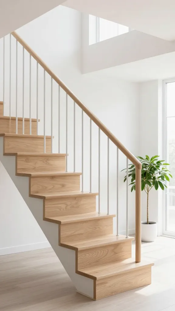 A high-quality, realistic interior photograph showcasing a modern Scandinavian staircase. The staircase features a railing with slender, minimalist white metal vertical balusters, topped by a smooth, light natural birch handrail. The wide treads are crafted from light, bare ash wood, highlighting their subtle grain. The surrounding space is characterized by pristine white walls, abundant natural light streaming from a large, unseen window, and minimalist furniture in light tones. A single, elegant green houseplant in a simple white pot adds a touch of organic serenity. The overall aesthetic is bright, functional, and profoundly serene, embodying Hygge simplicity. No text on image.