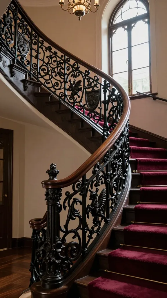 A captivating, realistic, high-quality photograph showcasing a magnificent Gothic Revival staircase railing within a grand, opulent home foyer. The central focus is the heavy, ornate wrought iron railing, intricately detailed with elaborate scrollwork and subtly integrated mythical creature motifs, such as stylized griffins, alongside heraldic shield patterns. A substantial, dark polished mahogany handrail crowns the intricate ironwork. The dark wood treads of the staircase are adorned with a plush, deep burgundy carpet runner, adding rich texture and color. Dramatic yet elegant lighting, possibly from a grand chandelier or tall arched window, casts subtle shadows and highlights, emphasizing the intricate craftsmanship and luxurious materials. The scene evokes a sense of historical grandeur, drama, and theatrical elegance in a high-end interior design setting.