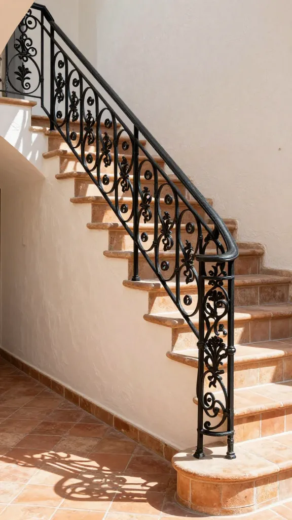A sun-drenched, high-quality architectural photograph of a grand staircase in a Mediterranean villa. The focal point is an elegant black wrought iron railing, featuring intricate, graceful scrollwork that subtly incorporates small floral details. The stair treads are crafted from warm, earthy terracotta tiles, while the risers are a simple, complementary tone. The walls are textured creamy white stucco, bathed in natural light that highlights the artisanal craftsmanship and creates a warm, inviting atmosphere of rustic charm and old-world elegance. Realistic, no text on image.