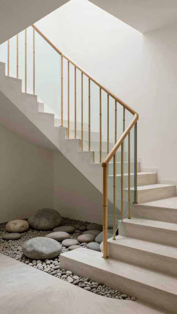 A high-quality, realistic architectural photograph capturing a modern staircase designed with a Zen Garden inspiration. The prominent railing is composed of slender, vertical natural bamboo poles elegantly interspersed with frosted glass panels, creating a soft, diffused light effect. The wide treads are made of smooth, light-toned polished concrete. Along the base of the staircase and subtly integrated at the edges of the treads are arrangements of smooth, grey river stones and pebbles, mimicking a dry riverbed. The surrounding space is minimalist with clean, light-colored walls, bathed in soft, diffused natural light, emphasizing a serene and tranquil atmosphere.