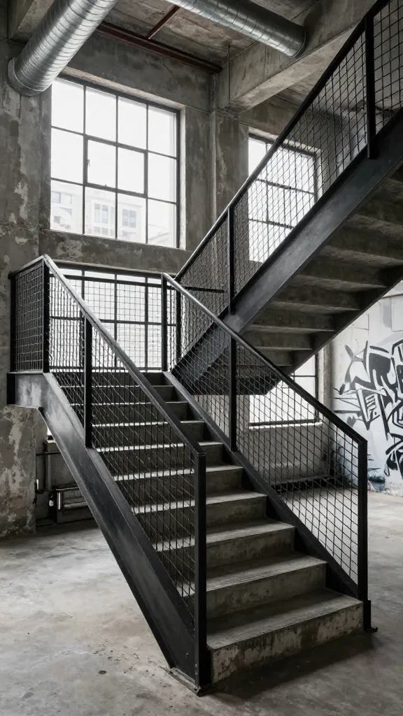 A high-quality, realistic architectural photograph capturing the essence of an urban loft. The central focus is a striking industrial staircase, featuring a robust railing constructed from black steel-framed wire mesh panels, extending vertically. The stair treads are thick slabs of raw, unpolished concrete, revealing their inherent texture and brutalist charm. The surrounding space boasts a high ceiling with exposed metallic ductwork. Large, multi-pane factory-style windows dominate one wall, allowing abundant natural light to stream in and subtly revealing a blurred urban cityscape beyond. The walls are a mix of raw concrete and distressed plaster, with a subtle, abstract, monochromatic urban art piece hinting at graffiti on a distant wall. The overall atmosphere is cool, edgy, and utilitarian, showcasing a raw industrial aesthetic. No text on image.