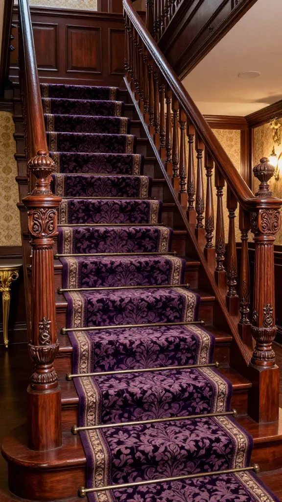 A high-resolution, professional architectural photograph capturing a grand, opulent Victorian staircase. The prominent staircase railing is crafted from heavy, richly polished dark mahogany wood, featuring elaborately carved newel posts with ornate finials and intricately turned balusters. A plush carpet runner in deep jewel tones, adorned with a luxurious floral damask pattern and a decorative border, flows gracefully down the center of the stairs. The surrounding space hints at Victorian elegance with a glimpse of patterned wallpaper, a gilded antique console table, and soft, warm ambient lighting. The focus is sharp on the intricate details of the wood carving and the luxurious texture of the carpet. No text.