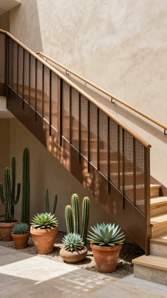A high-resolution, realistic architectural photograph showcasing a prominent desert modern staircase railing. The railing features sleek, vertical perforated metal panels in a warm, dusty bronze tone, allowing abundant natural light to cast intricate patterns of shadow and light onto the adjacent light sandy-beige wall and polished concrete floor. A smooth, light-toned wooden handrail tops the perforated metal. The staircase treads are crafted from light, natural wood. At the base and along the sides of the staircase, a thoughtfully arranged collection of various cacti and succulents thrives in rustic terracotta pots, adding organic texture and life. The scene is bathed in bright, natural sunlight, emphasizing clean lines and an earthy, sun-baked aesthetic. No text.