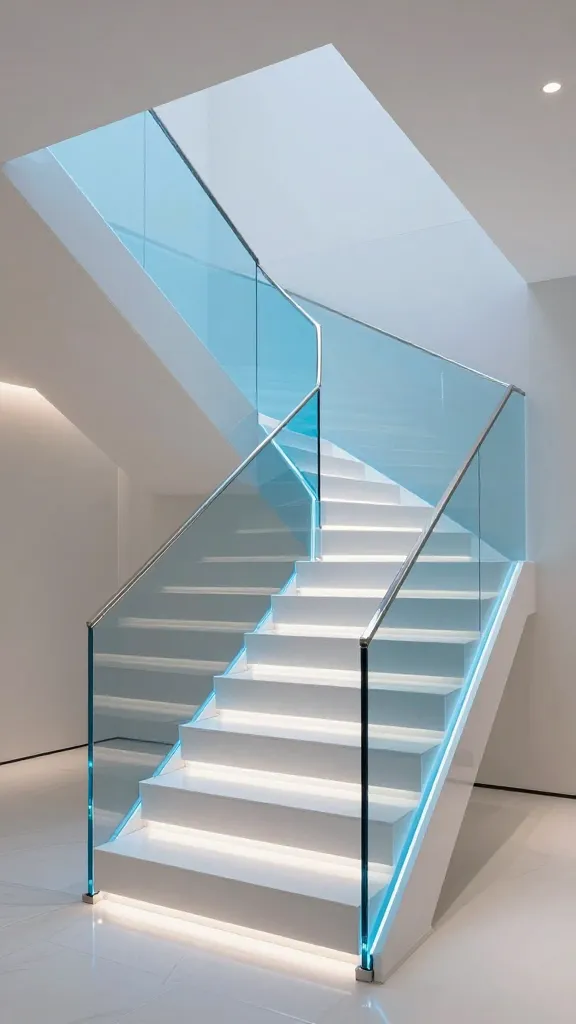 A realistic, high-angle photo of a grand, futuristic staircase in a minimalist, high-ceiling modern home. The sleek staircase features transparent, floor-to-ceiling acrylic panels as its railing, dramatically illuminated from within by hidden LED strip lighting that emits a cool, ethereal blue glow along all edges. A seamless, polished chrome handrail runs along the top, reflecting the blue light. The staircase treads are glossy white, each with integrated, subtle downlighting, creating a floating effect. The surrounding interior is clean, with smooth, light-colored walls and subtle ambient lighting, emphasizing the staircase as the central, cutting-edge design element. The scene evokes a high-tech, sci-fi aesthetic.