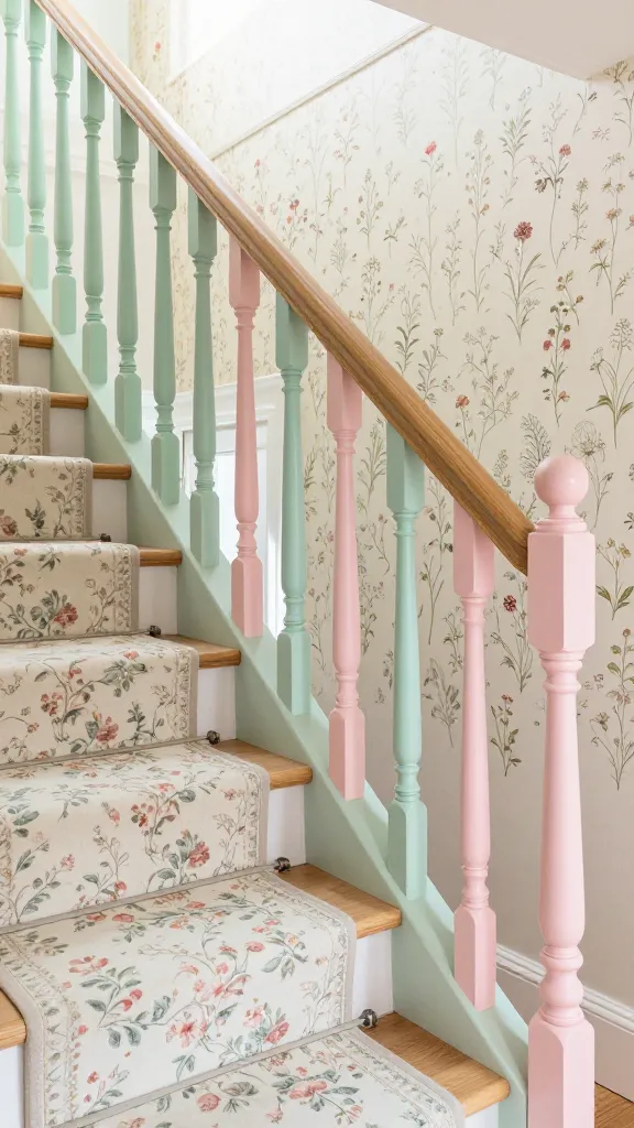 A high-angle medium shot showcasing a charming cottagecore staircase in a sun-drenched interior. The prominent staircase railing features traditionally turned wood balusters painted in alternating soft mint green and blush pink, topped with a smooth, natural light oak handrail. Light wood treads are adorned with a delicate, vintage-inspired floral patterned runner in muted cream, rose, and sage tones. The adjacent wall is covered in a whimsical vintage wallpaper featuring small, intricate wildflowers on a cream background. Soft, diffused natural light streams in, highlighting the quaint, nostalgic, and utterly delightful atmosphere. The image is a realistic, high-quality interior photograph with professional composition and lighting.