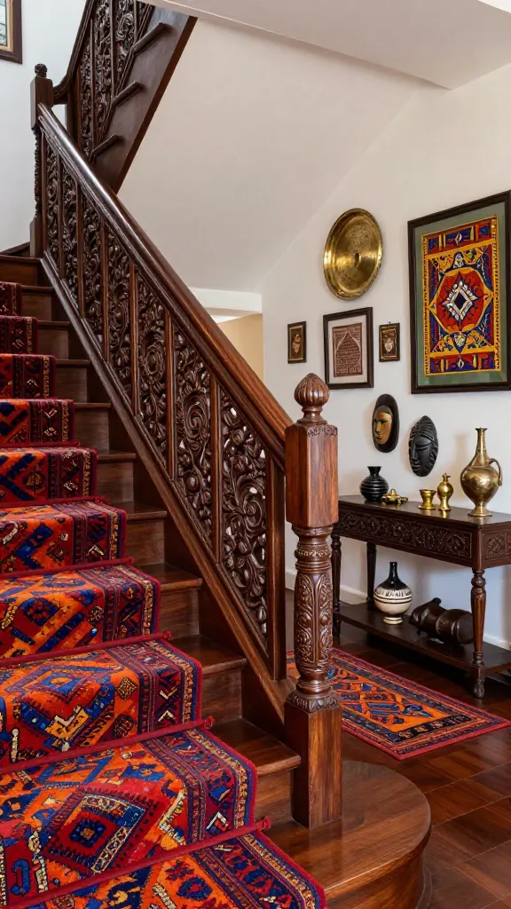 A high-quality, realistic, interior photograph of an impressive residential staircase, embodying a 'Global Traveler' theme. The prominent staircase railing is crafted from intricate, dark teak wood panels, featuring detailed Indian or Balinese-inspired carvings with elaborate floral and geometric patterns. The handrail is a smooth, dark exotic wood. Dark, polished hardwood treads are adorned with a vibrant, hand-loomed kilim rug runner in rich reds, oranges, and deep blues. The wall alongside the staircase showcases a curated collection of global souvenirs and art: an antique Moroccan brass tray, framed vibrant textile art from West Africa, and a display console featuring carved wooden masks, ceramic vessels, and small brass objects. Soft natural light illuminates the scene, emphasizing the rich textures and craftsmanship. The overall ambiance is warm, cultured, and inviting. No text on image.