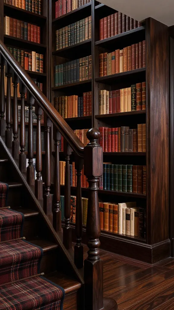 A high-resolution, realistic photograph of a luxurious Dark Academia staircase. The prominent feature is the unique railing, constructed from substantial, dark-stained solid wood. Instead of traditional balusters, the railing integrates slim, built-in bookshelves, neatly displaying an array of classic, leather-bound books and antique tomes. The handrail is a smooth, dark-stained wood. Dark wood treads complement the railing, featuring a subtle, rich tartan pattern on a runner. Soft, warm ambient lighting creates a moody, sophisticated, and cozy atmosphere, highlighting the rich wood grains and the intellectual charm of the library-style railing. Shot from an eye-level perspective, emphasizing the intricate detail and inviting nature of the space. No text.