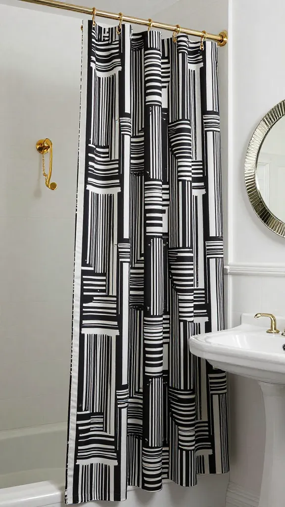 A well-composed, high-quality photograph showcasing a small, chic Art Deco revival bathroom. The centerpiece is a striking shower curtain featuring a bold black and white geometric pattern, its luxurious fabric adding a touch of vintage glamour. Above a compact, modern sink, a small, round mirror with an elegantly etched and beveled edge reflects the sophisticated space. Gold-toned metallic accents, including a sleek towel hook and delicate shower curtain rings, gleam under soft, ambient lighting. The room exudes geometric elegance and a polished, luxurious atmosphere, with clean lines and a sense of refined design. No people, no text.