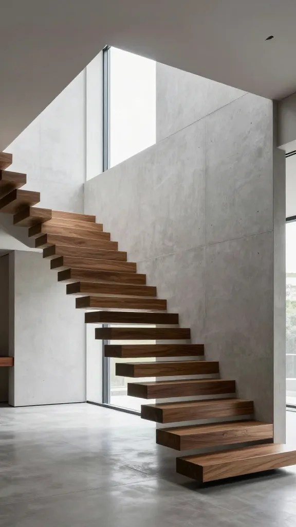 A highly detailed, eye-level photograph looking up the ascent of a stunning, floating modernist staircase in a luxurious, minimalist interior. Thick, dark walnut wood treads cantilever effortlessly from a smooth, light grey polished concrete wall, creating a dramatic illusion of weightlessness and architectural genius. The expansive, open-plan space is flooded with bright, natural light from a large, floor-to-ceiling window, casting subtle shadows that enhance the clean lines and sculptural form of the staircase. The surrounding area features immaculate polished concrete floors and a deliberate absence of clutter, with only a few strategically placed, almost invisible recessed lights. The scene exudes an atmosphere of high-end living and sophisticated design. Realistic, ultra-high definition photo, no text.