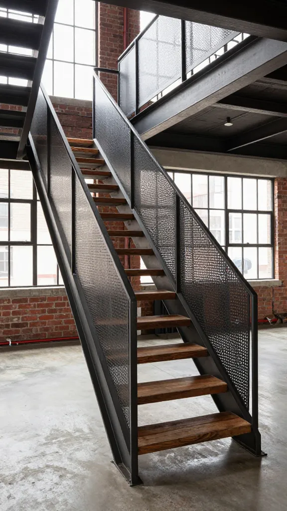 A professional, high-resolution interior design photograph showcasing a striking industrial loft staircase. The staircase features a robust design with dark steel beams and perforated metal sheets forming the railing and risers, contrasted by thick, rough-hewn reclaimed wood treads. The surrounding urban loft space boasts polished concrete floors, a prominent exposed red brick wall, and expansive, floor-to-ceiling industrial-style windows that flood the area with natural light. The overall atmosphere is open, airy, and grounded, exuding a bold, raw, and effortlessly stylish utilitarian charm, highlighting the luxurious yet authentic textures of the materials. No text.