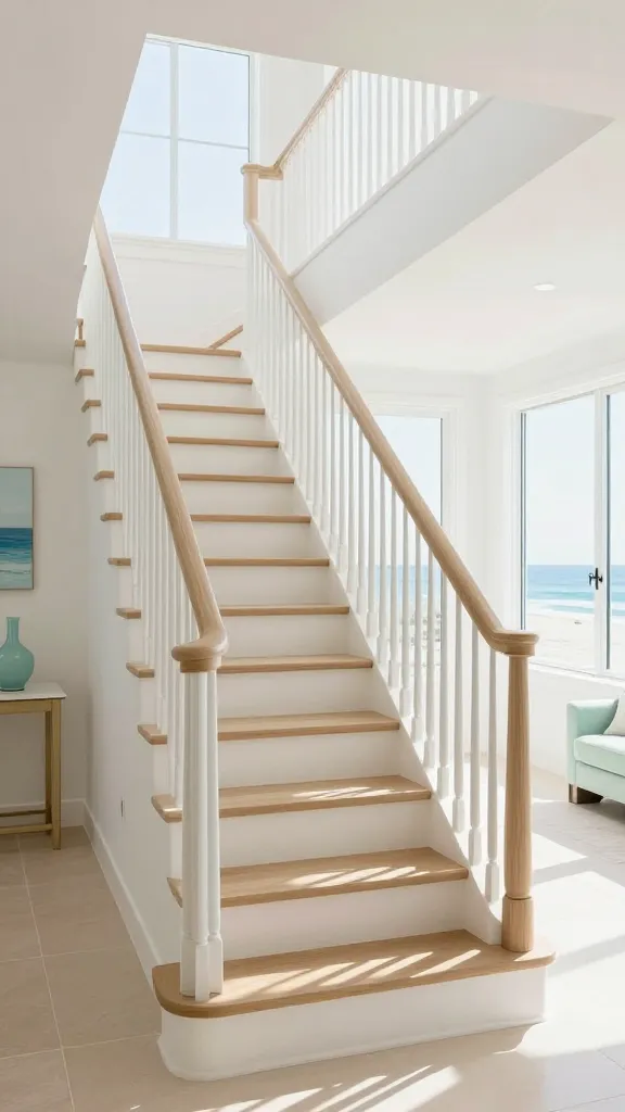 A realistic, high-quality photograph showcasing a luxurious, coastal chic staircase in a brightly lit entryway. The elegant staircase features light, natural wood treads and crisp white risers, complemented by minimalist white or light wood balusters that ascend gracefully. Abundant natural light floods the space through large windows, creating a sun-drenched, airy atmosphere. The surrounding walls are painted in crisp white, contrasting with soft beige flooring. Subtle accents of gentle blues are incorporated through curated artwork or a decorative console table, while hints of seafoam green appear in a delicate vase or a throw. The overall scene exudes breezy elegance, relaxed sophistication, and serene tranquility, reminiscent of a high-end beach house. No text.