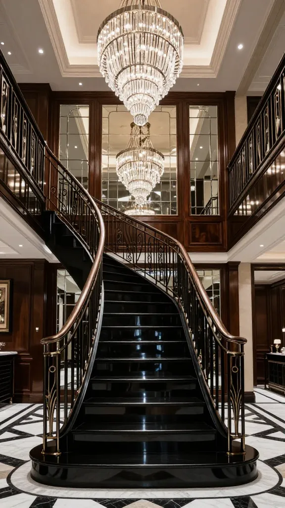 A grand Art Deco luxury staircase dominates a lavish, symmetrical foyer, featuring high-gloss black lacquer treads and handrails. Intricate wrought iron balusters with bold geometric patterns, possibly fan or sunburst motifs, are finished in a polished dark bronze or black iron, accented with subtle chrome details. The surrounding walls are a celebration of shine, adorned with large, beveled mirrored panels interspersed with dark polished wood wainscoting. A striking, multi-tiered crystal chandelier with chrome accents hangs dramatically from a high ceiling, casting a warm, sophisticated glow across the space. The flooring is a high-contrast geometric pattern of black and white polished marble. The scene is captured in a high-resolution, professional architectural photograph, emphasizing the dramatic flair and luxurious materials.