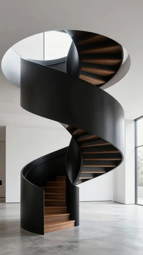 A breathtaking, sculptural spiral staircase, custom-fabricated from matte black powder-coated steel with sleek polished walnut treads, captured in a professional, high-resolution architectural photograph. The staircase is the dramatic focal point of a vast, minimalist luxury interior featuring soaring white walls and a seamless polished light grey concrete floor. Abundant natural light streams from large, unseen windows, highlighting the staircase's fluid lines and commanding curves, casting subtle shadows that emphasize its three-dimensional artistry. The overall aesthetic is one of high-end elegance and architectural brilliance, with no other objects distracting from the staircase's magnificent form. Ultra-realistic, sharp focus, professional lighting.