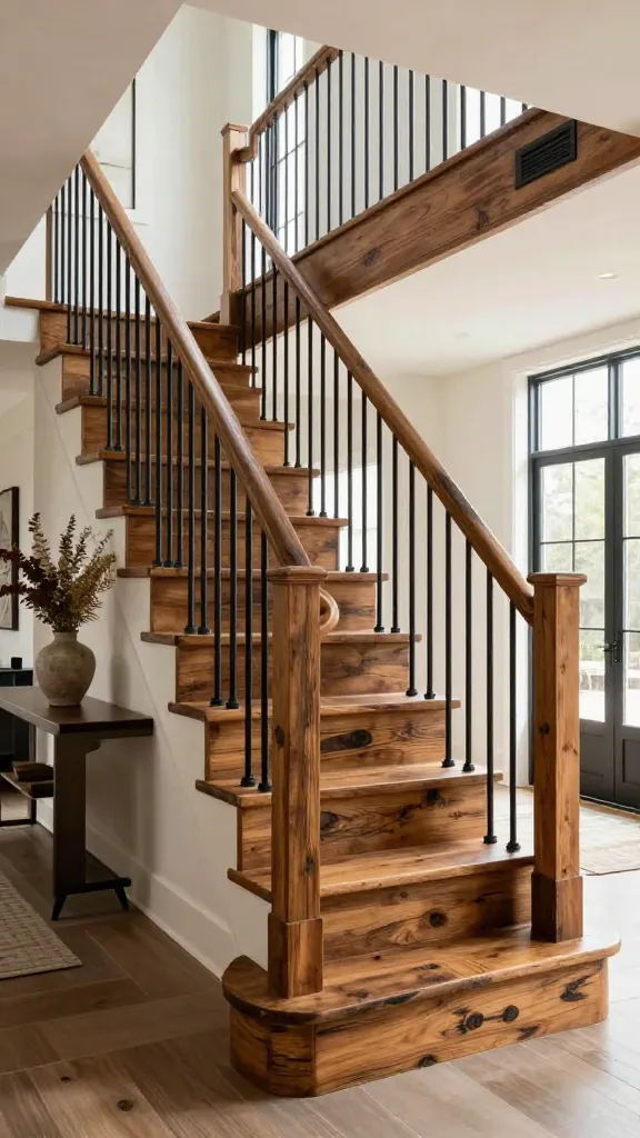 A highly detailed, professional photograph showcasing a luxurious Rustic Modern Farmhouse staircase as the centerpiece of a spacious, sunlit entryway. The prominent staircase features wide, richly textured treads crafted from warm-toned, slightly distressed reclaimed barn wood. Sleek, minimalist matte black metal balusters rise elegantly to support a substantial, smooth wooden handrail that perfectly complements the treads. Abundant natural light streams through large windows, illuminating the authentic materials and creating an inviting, warm glow. The entryway below embodies comfortable luxury with a thoughtful blend of contemporary and vintage elements, perhaps a modern console table adorned with a large ceramic vase filled with dried botanicals, creating a grounded and sophisticated atmosphere. Architectural Digest quality, realistic, no text.