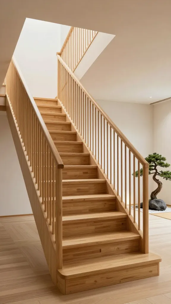 A high-resolution, realistic architectural photograph of a luxurious, Zen Japanese-inspired staircase. The staircase features light bamboo wood treads with open risers, creating an airy, minimalist design. The railing is crafted from delicate vertical shoji screens, allowing soft, diffused natural light to gently illuminate the space. The surrounding interior is uncluttered, with light-toned walls and floors, promoting a profound sense of calm and balance. A subtle, natural element like a small, perfectly pruned bonsai or a simple stone arrangement is visible nearby. The lighting is soft, ambient, and diffused, emphasizing clean lines and natural materials. The overall scene exudes tranquility, high-end living, and sophisticated Japanese minimalism. No text.