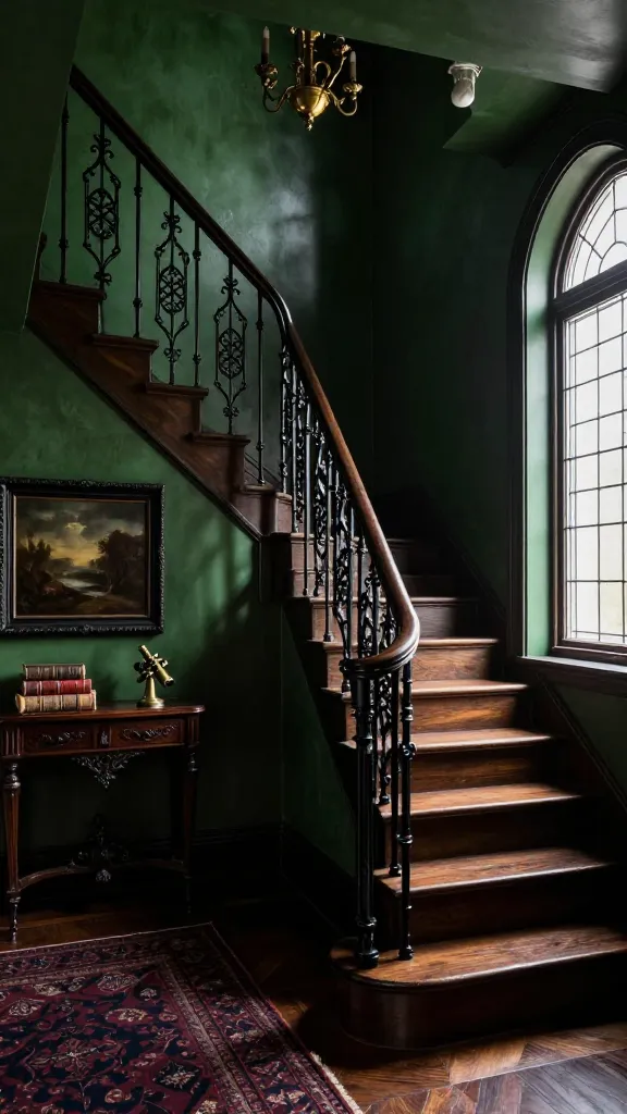 A high-resolution, professional interior photograph of a grand, luxurious dark academia staircase in a stately entryway. The sweeping staircase features deep espresso-stained polished wood treads and a matching, ornate handrail. Intricate, matte black wrought iron balusters form an elegant, gothic-inspired pattern. The walls are painted in a rich, saturated deep forest green, with subtle texture, reflecting a moody, atmospheric light from a vintage brass chandelier. An antique dark wood console table with a stack of old leather-bound books and a small brass telescope sits against one wall, beneath a large, dark-framed oil painting of a classical landscape. The floor is polished dark wood, partially covered by a Persian rug with deep, muted tones of burgundy and navy. Soft, ambient light filters from a tall, arched window with leaded glass, creating long, dramatic shadows. The scene evokes a sense of quiet contemplation, scholarly pursuit, and gothic mystery. No text on image.