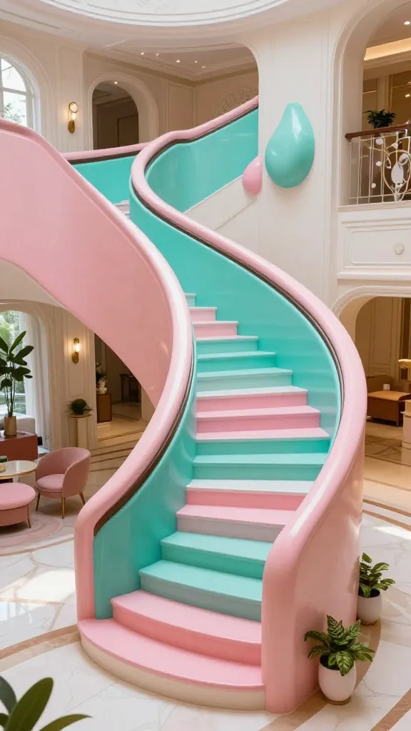 A high-angle, wide shot capturing a stunning, whimsical wonderland luxury staircase within a grand, high-end home entryway. The entire staircase structure boasts bold, sculptural, flowing curves, resembling a vibrant, modern art installation. The individual treads are a delightful, alternating mix of soft blush pink and vibrant teal, creating a playful and energetic visual rhythm. The opulent entryway is adorned with bespoke, imaginative decor elements, bathed in bright, natural light, emphasizing a joyful and charming fantasy atmosphere. Realistic, high-quality photograph, intricate details, no text.