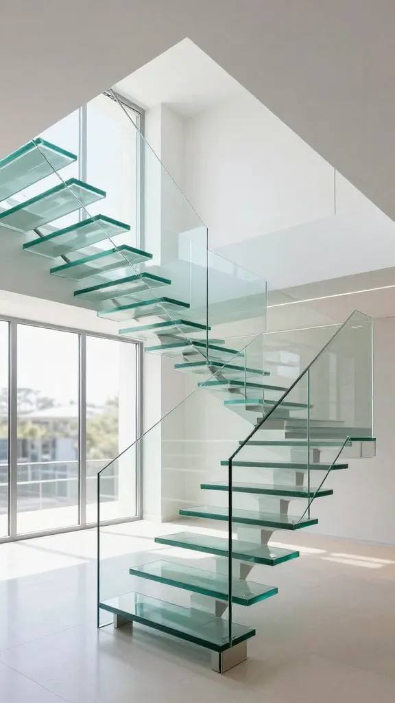 A high-resolution, realistic architectural photograph of a breathtaking contemporary glass box staircase in a luxurious, minimalist modern home. The staircase is a marvel of modern engineering, featuring thick, structural tempered glass treads and a seamless glass balustrade that extends from floor to ceiling. The design emphasizes extreme transparency, allowing abundant natural light to flood the multi-level interior, creating an expansive sense of boundless space. The staircase appears almost invisible, yet profoundly present as an architectural statement, with pristine surfaces reflecting the bright, ambient light.