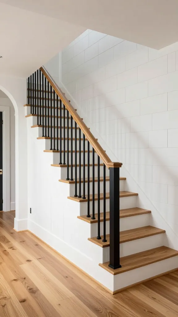 A high-quality, realistic architectural photograph of a modern farmhouse entryway with an industrial edge. The central feature is a striking staircase. Its railing consists of matte black metal balusters with a simple, clean profile, topped by a warm, natural oak handrail. The stairwell walls are clad in crisp white vertical shiplap, creating texture and a sense of height. Wide-plank engineered hardwood flooring in a medium tone extends from the entryway and up the stairs. Soft natural light illuminates the space, highlighting the contrasting materials and clean lines. The scene captures a blend of rustic warmth and sleek contemporary design. Shot with a wide-angle lens, sharp focus on the staircase, subtle depth of field.