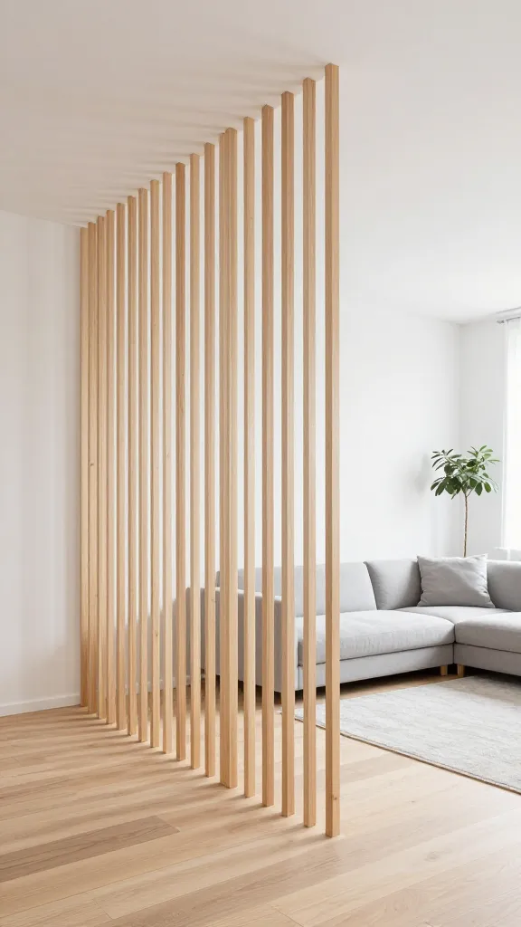 A high-resolution, professional architectural photograph capturing a serene Scandinavian living space. The prominent staircase railing is the focal point, designed with numerous thin, vertical blonde wood slats (birch or ash) that extend seamlessly from the light wood floor to the ceiling, forming a semi-transparent, architectural screen. The room is bathed in abundant natural light, highlighting the dominant crisp white walls and a soft grey minimalist sectional sofa with a plush area rug. Subtle accents of muted sage green appear in a tall, slender houseplant in a simple white pot. The overall aesthetic emphasizes clean lines, tranquility, and natural materials, with light blonde wood flooring throughout. No text.