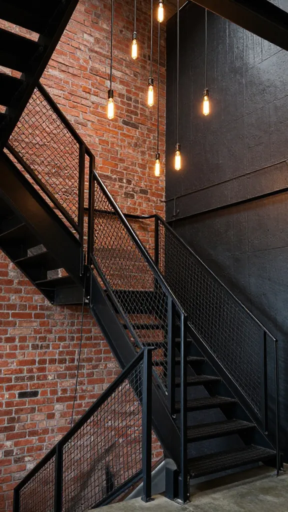 A high-quality, realistic photograph capturing the interior of a sophisticated industrial loft. The central feature is a striking staircase with a robust black steel frame railing incorporating industrial-grade wire mesh panels, offering both transparency and structural integrity. One side of the staircase is flanked by a textured exposed red brick wall, while the opposite side showcases a smooth, dark concrete wall. Above the staircase, multiple Edison bulb pendants hang at varying heights, emitting a warm, ambient light that illuminates the raw elegance of the space. The overall aesthetic is bold, urban, and refined, captured with sharp focus and natural lighting combined with the warm glow of the pendants. No text.