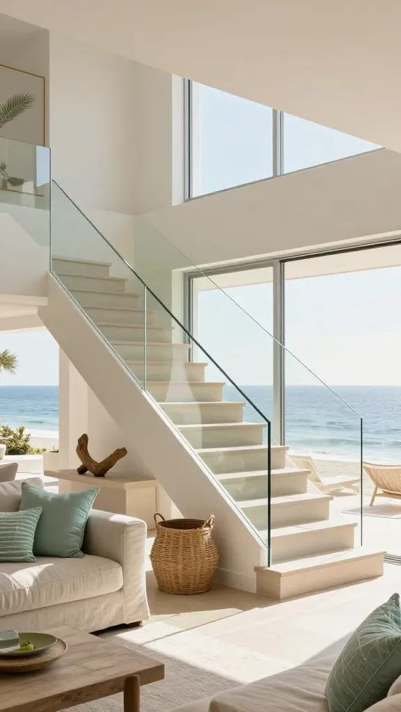 A high-resolution, professional architectural photograph of a modern, open-concept living space bathed in abundant natural light. The centerpiece is a sleek staircase featuring completely frameless glass railings secured with minimal, almost invisible hardware, making it appear to virtually disappear. The interior design embodies coastal chic: walls are painted in soft white and sandy beige, complemented by light-toned linen furniture with subtle hints of seafoam green and watery blue in throw pillows. Natural textures are incorporated through a large rattan basket at the base of the stairs and a decorative piece of driftwood on a nearby minimalist console. Expansive windows reveal a serene, sun-drenched ocean view, enhancing the airy, breezy atmosphere. The overall impression is one of endless sunshine and a seamless connection to the outdoors, with sharp focus and inviting warmth.