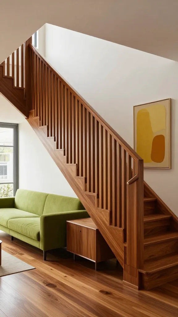 A high-quality, realistic photograph of a sophisticated Mid-Century Modern interior. The central focus is a prominent staircase featuring a railing composed of perfectly spaced horizontal teak wood slats, creating a rhythmic, architectural statement that extends from the lower floor to the upper landing. The rich, warm tones of the teak wood railing are complemented by a polished walnut wood floor. Adjacent to the staircase, a low-slung, minimalist sofa upholstered in a chic avocado green provides a vibrant pop of color, accompanied by a sleek, low-profile walnut credenza. An abstract art piece with subtle mustard yellow and burnt orange accents hangs on the wall, maintaining the clean lines and artistic sensibility. Natural light streams in from large windows, illuminating the textures and warm hues of the wood and fabrics, emphasizing the sophisticated simplicity and retro cool aesthetic of the space.