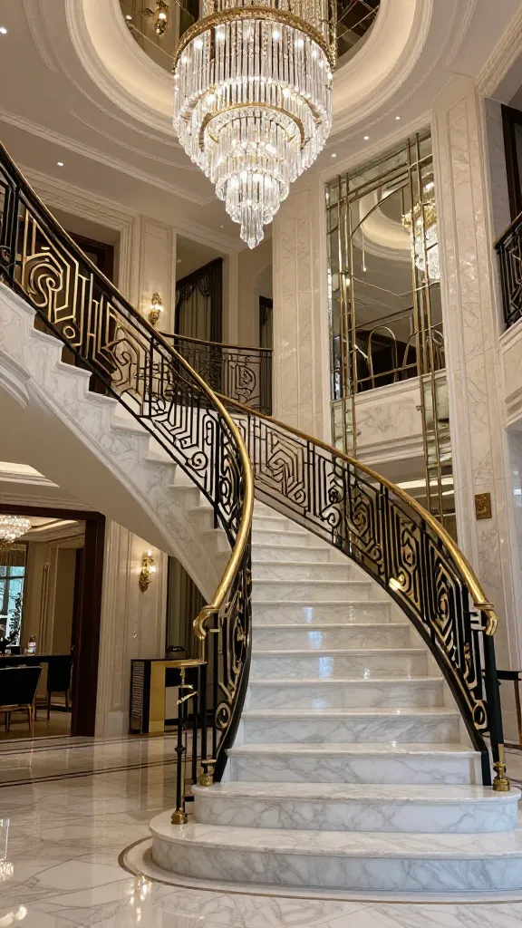 A grand, opulent Art Deco staircase entrance, meticulously designed for a high-end mansion. The focal point is the intricately patterned wrought iron railing, featuring a sophisticated blend of angular geometric motifs and elegant flowing scrollwork, richly accented with polished brass details that shimmer under the light. A magnificent, multi-tiered crystal chandelier cascades dramatically from the high ceiling, casting a warm, luxurious glow over the entire stairwell. The wide, sweeping steps are crafted from highly polished white marble, reflecting the light and the surrounding decor. Adjacent walls feature expansive mirrored panels with beveled edges, creating a sense of depth and amplifying the glamour. The overall atmosphere is one of Jazz Age sophistication and pure luxury, reminiscent of a Gatsby-esque estate. Shot with a wide-angle lens, capturing the full grandeur and the interplay of reflective surfaces, in a realistic, high-quality photograph with ambient lighting.