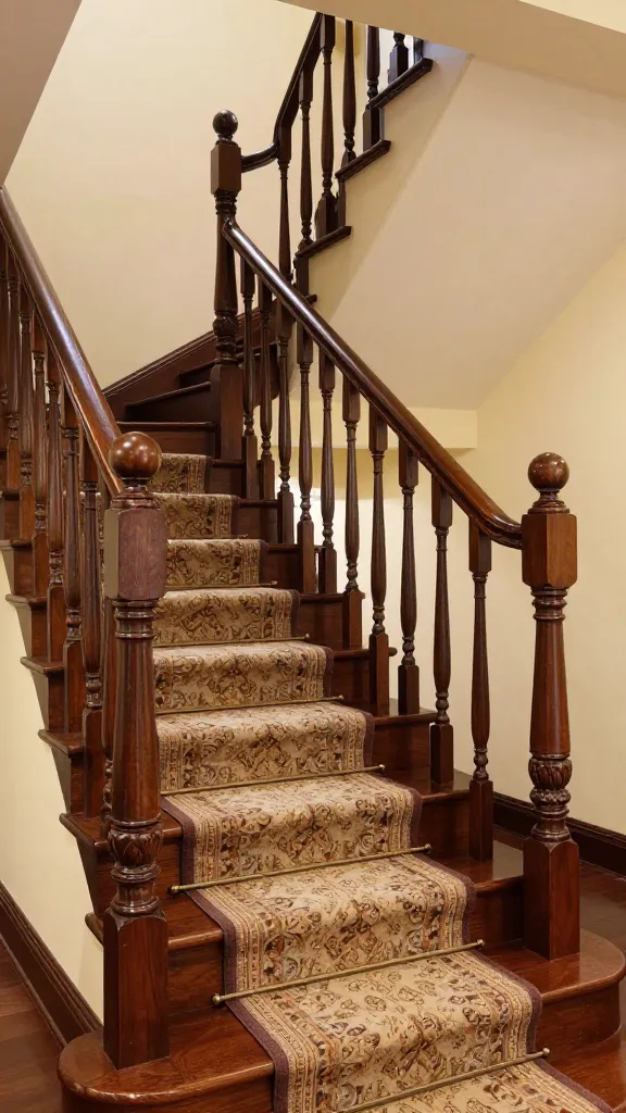 A high-quality, realistic photograph capturing a grand traditional staircase within a luxurious manor home. The centerpiece is a magnificent staircase railing crafted from deep mahogany wood, featuring substantial newel posts adorned with elegant, decorative caps. Intricately turned dark wood balusters create a sense of classic sophistication. The walls surrounding the staircase are painted in a warm cream hue, providing a soft yet rich backdrop for the dark wood. A plush, intricately patterned runner gracefully extends up the center of the stair treads, adding texture and warmth. The scene is bathed in soft, inviting interior lighting, highlighting the rich materials and refined details. No text.