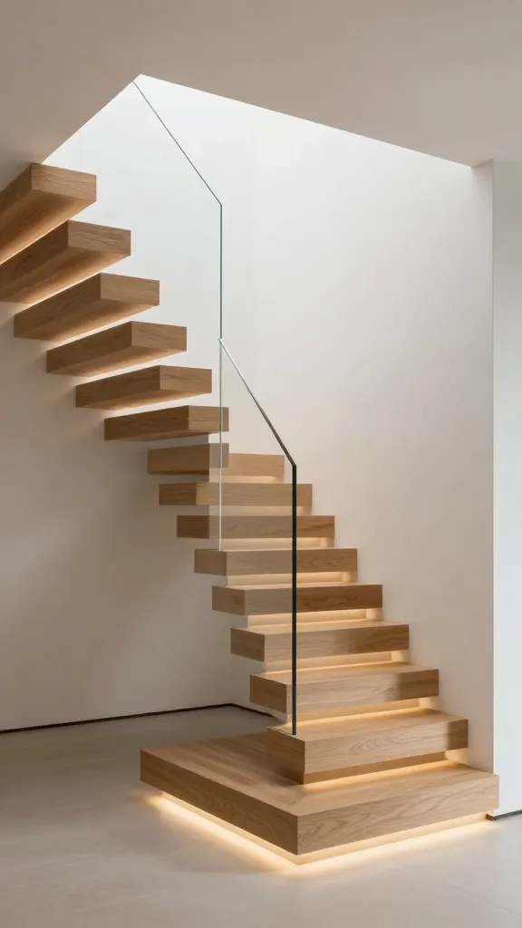 A professional architectural photograph captures a stunning contemporary staircase in a minimalist, open-plan luxury home. The staircase features visually 'floating' light oak wooden treads, each cantilevered directly from a smooth, pristine white wall, creating an illusion of weightlessness. A sleek, frameless glass panel railing rises elegantly from the floor, appearing to vanish into the ceiling, maintaining an unobstructed view and emphasizing clean lines. Integrated warm LED strips are subtly embedded beneath each step, casting a dramatic, soft upward glow that highlights the sculptural form and defines the space. The scene is bathed in a soft, ambient light, showcasing the staircase as a central, artistic feature. Realistic textures, sharp focus, high dynamic range, no people.