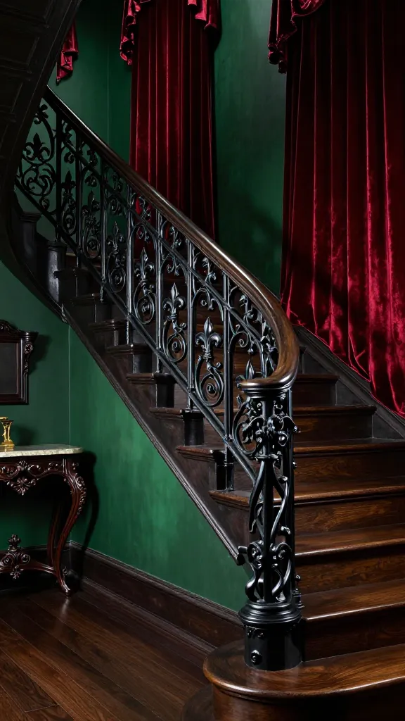 A realistic, high-quality photograph of a grand Gothic Revival staircase. The centerpiece is an imposing black wrought iron railing, featuring elaborate scrollwork with delicate curves, intertwining fleur-de-lis motifs, and subtle mythical creature details. The stairs are constructed from rich, dark wood, polished to a deep luster. The surrounding interior design showcases deep jewel tones: heavy, floor-length velvet drapes in ruby red hang beside the staircase, while the walls are a deep, muted emerald green. Antique dark wood furniture, such as a carved console table, is strategically placed near the base of the stairs. Dramatic, soft lighting emphasizes the intricate metalwork and the luxurious textures, creating an atmosphere of historical romance and dramatic elegance. Professional architectural photography, no text.