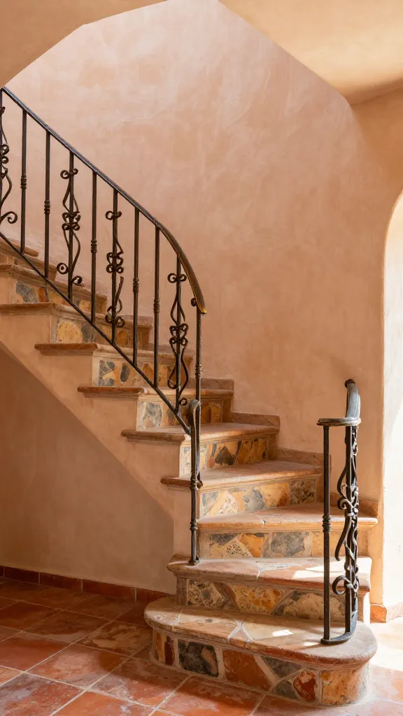 A sun-drenched interior shot of a grand Mediterranean villa staircase. The elegant wrought iron railing features intricate balusters with subtle curves and basket twists, painted in a deep bronze finish. The stair treads and landings are adorned with rustic, hand-painted terracotta tiles, showcasing their natural variations. Textured stucco walls in a warm, pale peach hue surround the staircase, contributing to an old-world charm and rustic elegance. Natural light streams in, highlighting the textures and creating a warm, inviting atmosphere. High-resolution, realistic photograph, interior design, no text.