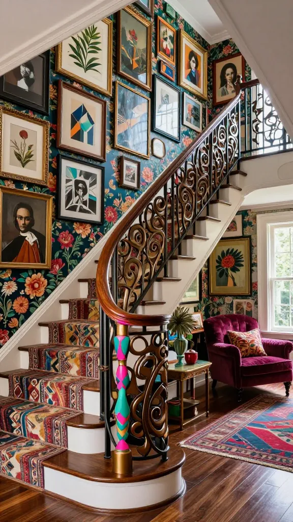 A medium-wide, eye-level, high-quality realistic photograph of an opulent, eclectic maximalist staircase in a luxurious home, leading upwards. The prominent staircase railing is the focal point, featuring a bold mixed-material design: one section boasts an intricate, custom sculptural metal panel with an organic, flowing Art Nouveau-inspired pattern in a rich dark bronze finish, while the adjacent section is a brightly painted wooden balustrade adorned with vibrant, clashing geometric patterns in fuchsia, teal, and gold. The stairwell wall is a floor-to-ceiling gallery wall, densely packed with an eclectic array of art – abstract paintings, vintage botanical prints, modern photography, and ornate portraits – all housed in a diverse mix of ornate gold, sleek black, and natural wood frames. A large-scale, rich floral wallpaper in deep jewel tones covers the wall behind the gallery. At the base of the stairs, a plush, multi-patterned rug with ethnic motifs and geometric shapes is layered over a polished dark hardwood floor. A quirky velvet armchair in a contrasting color, adorned with patterned throw pillows, sits nearby. Natural light streams from a large window on the landing, highlighting the luxurious textures and vibrant, curated chaos. No text.