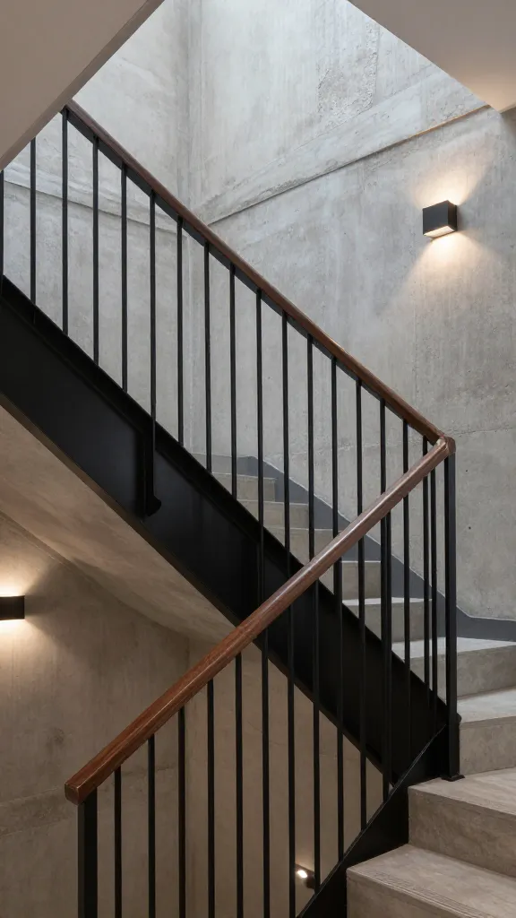 A high-quality, professional architectural photograph of an urban modern staircase railing. The prominent railing features a strong matte black steel frame with thin, evenly spaced vertical black metal rods, topped by a smooth, dark walnut wood handrail. The staircase ascends alongside a feature wall of raw, exposed concrete, showcasing subtle texture and variations. Subtle recessed ceiling lights illuminate the steps, complemented by a minimalist black wall sconce mounted on the concrete wall, casting a soft, warm glow. The scene emphasizes sleekness, refined industrial warmth, and high contrast, set within a sophisticated city dwelling. Shot from a medium, slightly angled perspective to highlight the railing's design and the wall texture. No text.