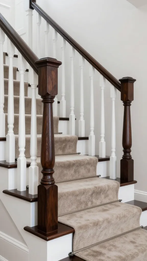 A high-definition, realistic photograph of a luxurious transitional staircase within an elegant home interior. The prominent staircase railing showcases crisp, clean square balusters painted in a classic white wood finish. Contrasting beautifully, the smooth handrail and robust newel posts are crafted from deep, rich espresso or dark walnut wood. A plush, neutral-toned (e.g., soft taupe) stair runner gracefully covers the treads, adding warmth and sophistication. The design masterfully bridges traditional charm with contemporary flair, creating a refined and versatile aesthetic. Soft, natural daylight illuminates the scene, highlighting the textures and impeccable craftsmanship. No text.