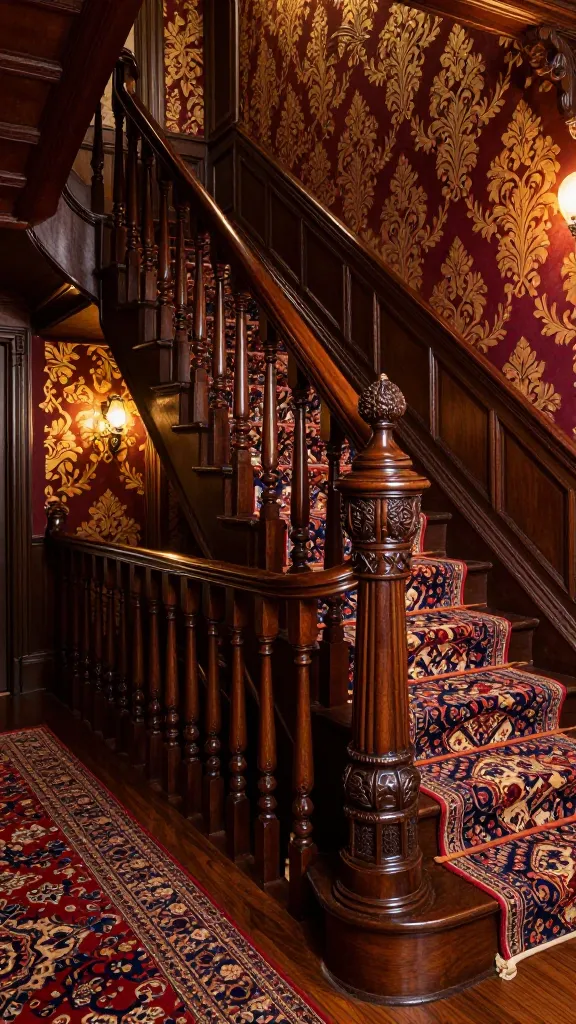 A grand, opulent Victorian staircase railing in a lavish foyer, captured in a high-quality, realistic photograph. The main subject is the staircase railing, featuring elaborately turned dark mahogany wood balusters with intricate, ornate carvings. Substantial, heavily carved newel posts, matching the rich dark wood, anchor the base and any turns of the staircase. The handrail is polished dark wood, reflecting ambient light. The walls are adorned with deep burgundy damask wallpaper featuring intricate gold patterns, exuding historical luxury. Polished dark hardwood floors are partially covered by an ornate, richly patterned Persian rug in deep reds, blues, and golds, leading up the stairs. Soft, warm, ambient lighting from unseen chandeliers or sconces highlights the intricate wood carvings and the luxurious textures of the wallpaper and rug. The perspective is a wide-angle, slightly elevated shot, showcasing the grandeur of the staircase and its surrounding opulent Victorian decor.